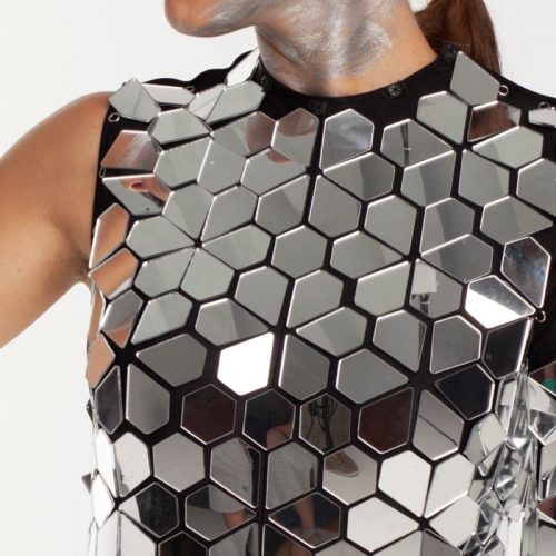 Chest in details from Disco ball mirror bodysuit "Diamonds" costume