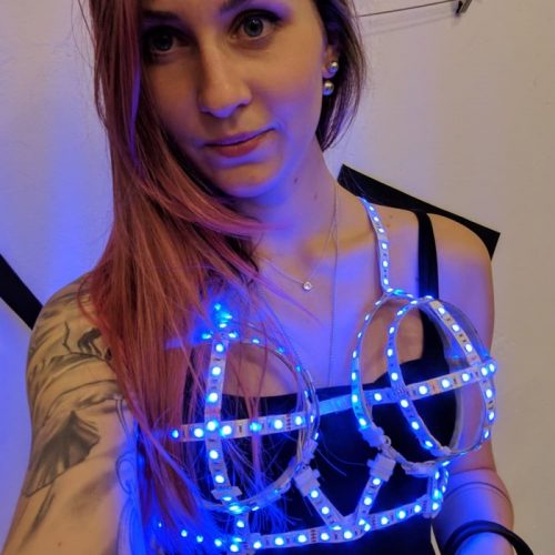 LED outfit rave bras mad in a form of corset and glowes in blue