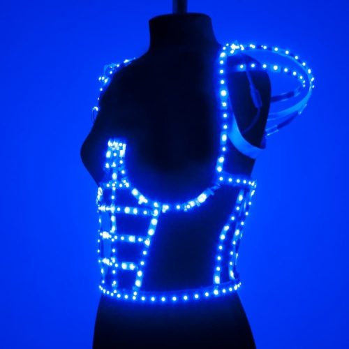 LED cage dress in blue light from side on mennequin