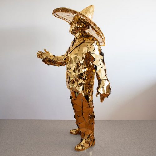 Golden Mirror man performance costume in sambrelllo from side in full size