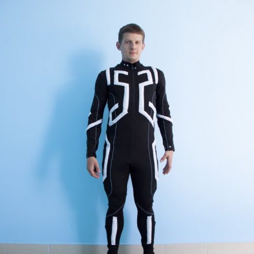 light up tron costume model MOTUS. In a turn off mode