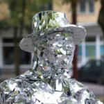 Head piece of mirrorman costume on the street