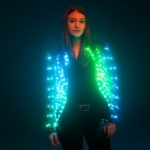 Model trying on new LED jacket photoshoot posu=ing