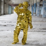Golden Mirror man costume with Bowler Hat view from front