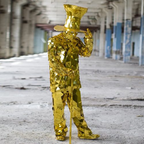 Model is holding his hat far Golden Mirror man glass suit for sale