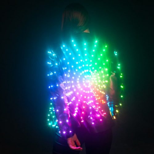 Smart LED jacket view from back. Glowing sun on the back