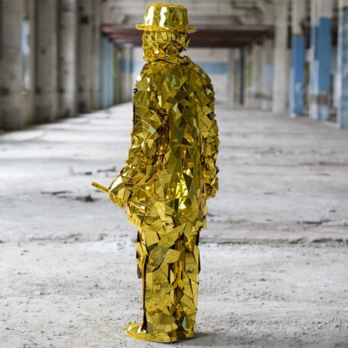 Golden Mirror man costume with Bowler Hat view from half side