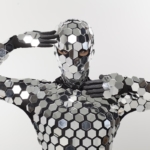 Head part of Disco ball sparkly mirror bodysuit costume from front