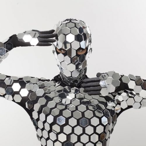 Head part of Disco ball sparkly mirror bodysuit costume from front