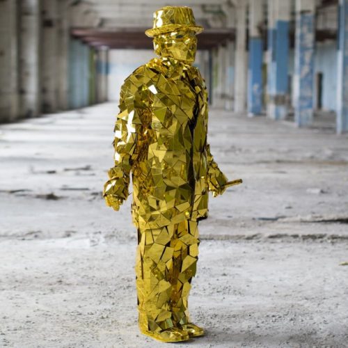 Golden Mirror man costume with Bowler Hat view from side