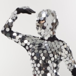 Head part of Disco ball sparkly mirror bodysuit costume from side