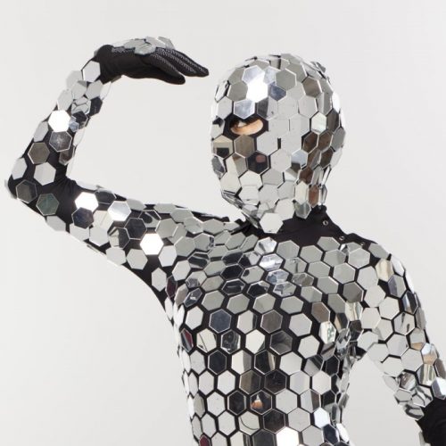 Head part of Disco ball sparkly mirror bodysuit costume from side