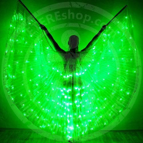 Model posing with green LED Bellydance Wings “Pas de Bleu