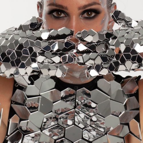 Gloves in details from Disco ball mirror bodysuit "Diamonds" costume