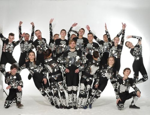 Dance team in mirror sparkle boudysuit