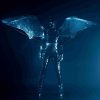 Mirror wings with remote controler posing in a dark plus light reflection from front
