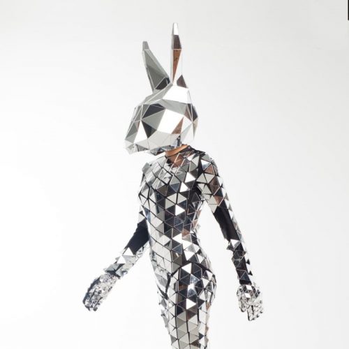 Model wear mirror Hare mask and dressed into mirror bodysuit