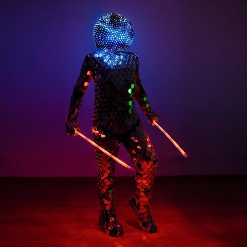 Costume with LED helmet and dual swords