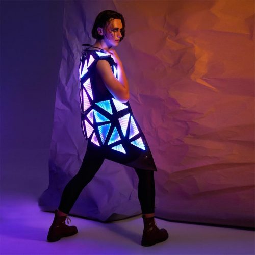 Glow in the dark costumes clothing on photoshooting! Light up jacket under aim of camera!