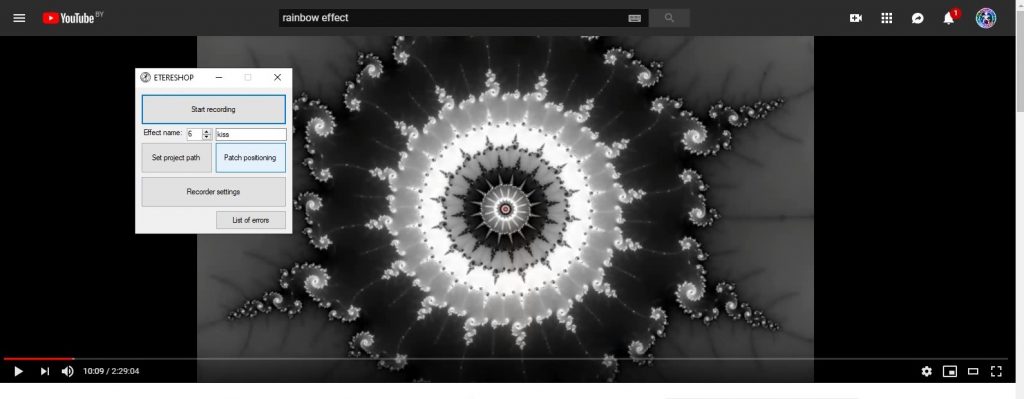 Choosing a patch positioning option to start recording an effect from a Youtube video. 