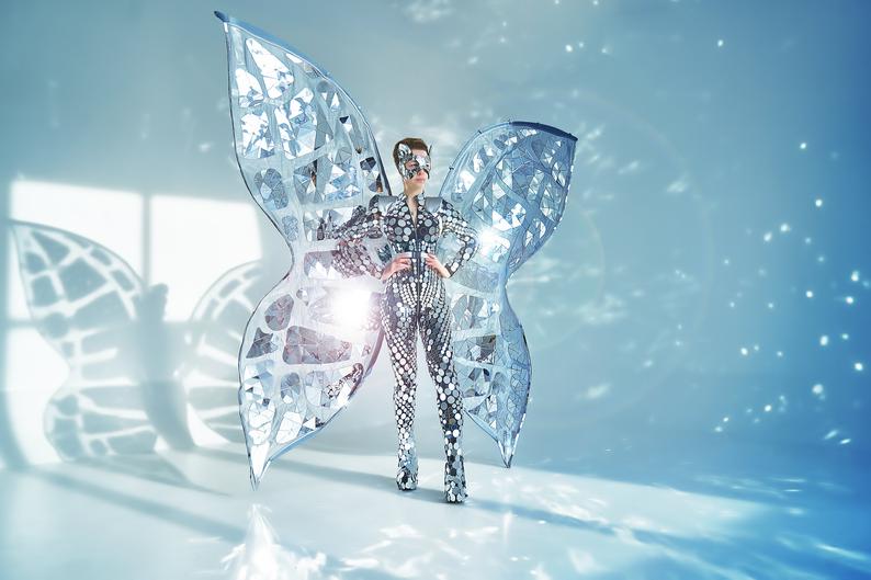 model possing in a Cosplay Mirror Butterfly Wings full size