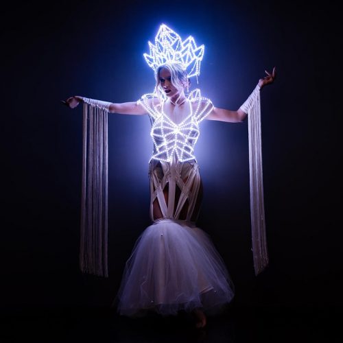 White queen LED cage costume in a full height