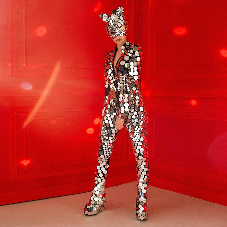 Mirror Kitty Festival wear Disco ball glitter sparkly mirror bodysuit ...