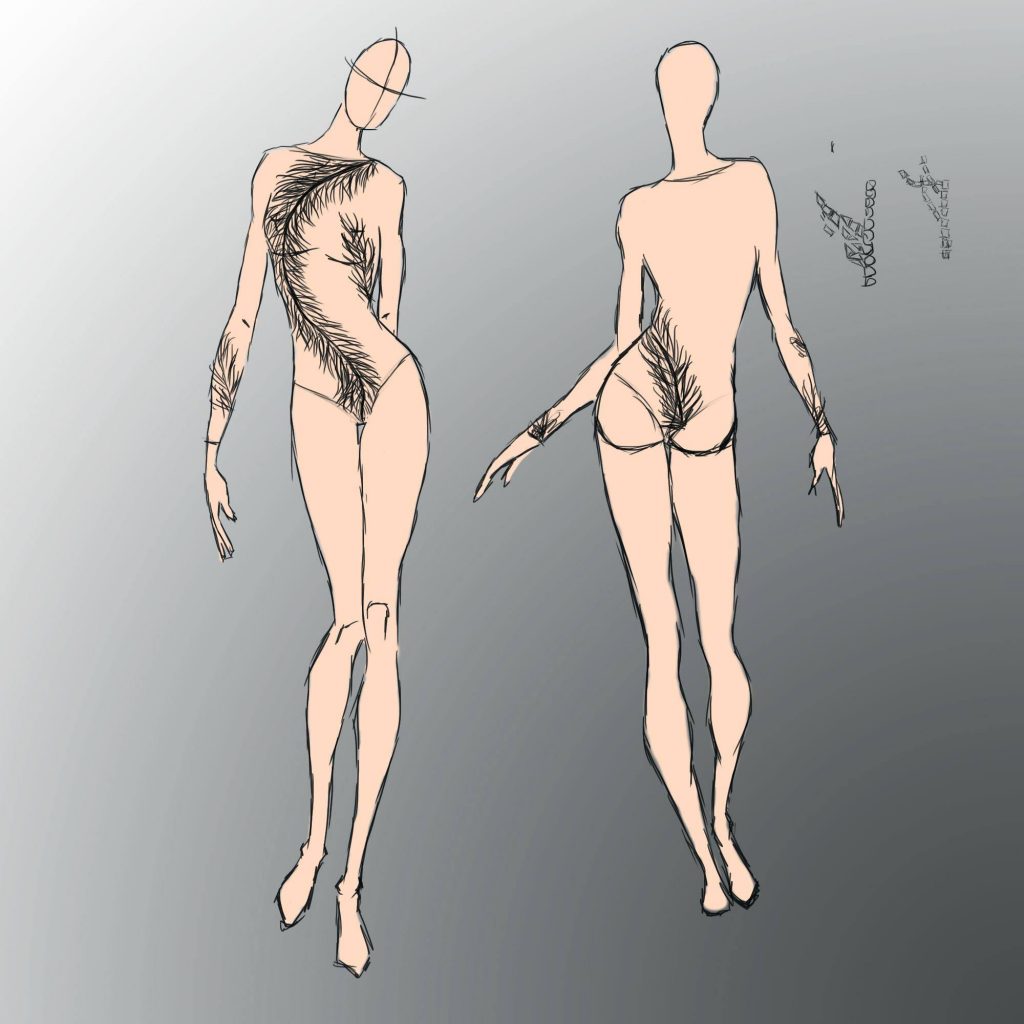 Sketch of a Silver Mirror Bodysuit on Transparet Fabric