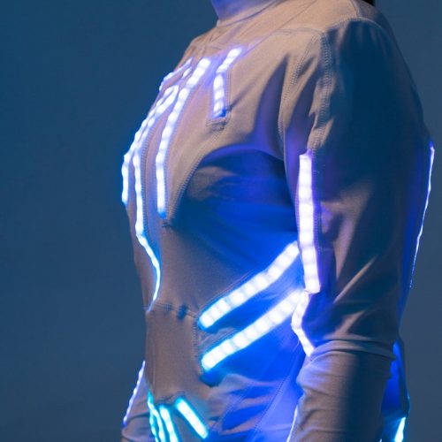 Chest area of Light up performance circus acrobat costume outfit