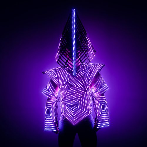 Cage costume with pyramide head that glowes in Purple