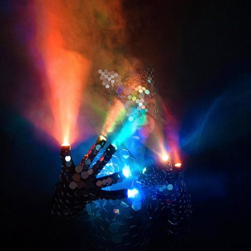 Mirror costume with LED gloves that light up in fog