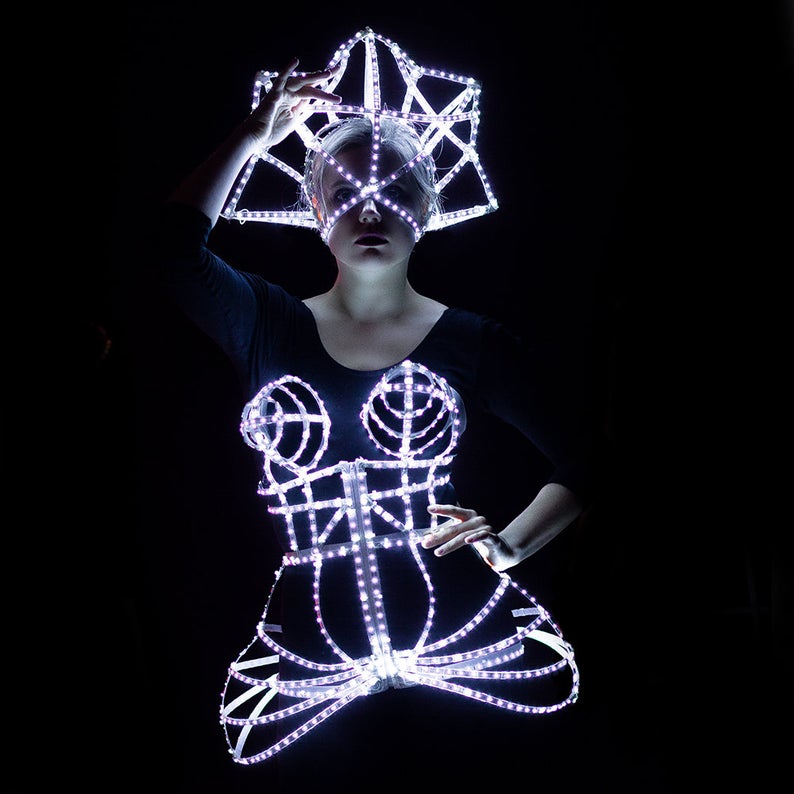 Rave LED light up White Cage dress + Crown outfit _C34-1