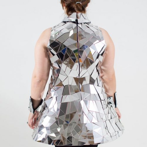 Sequin disco ball mirror bodysuit dress costume in a half size view from back