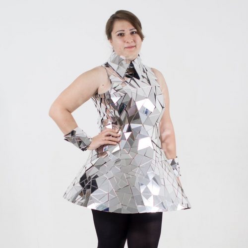 Model posing view from front Sequin disco ball mirror bodysuit dress costume