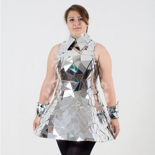 Sequin disco ball mirror bodysuit dress costume in a half size view from front