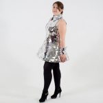 Model posing view from sideSequin disco ball mirror bodysuit dress costume