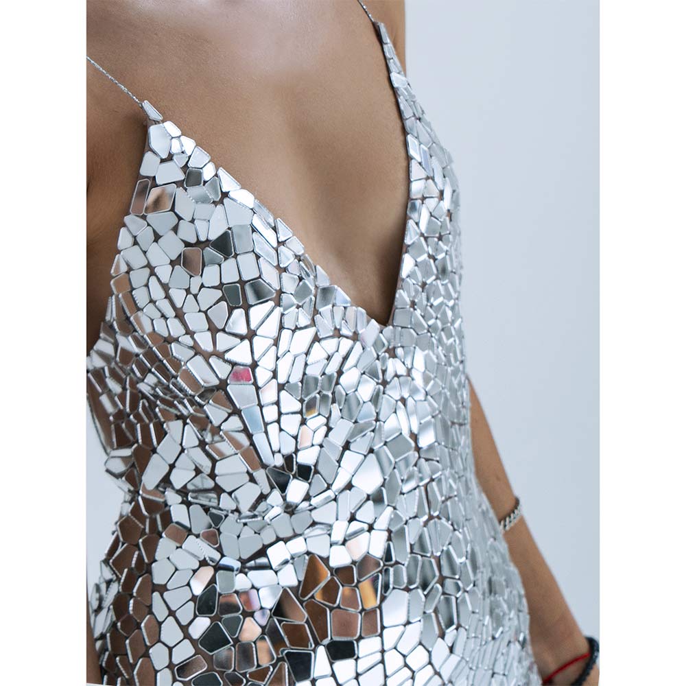 Sequin disco ball mirror sleeveless mini dress unique costume _M77