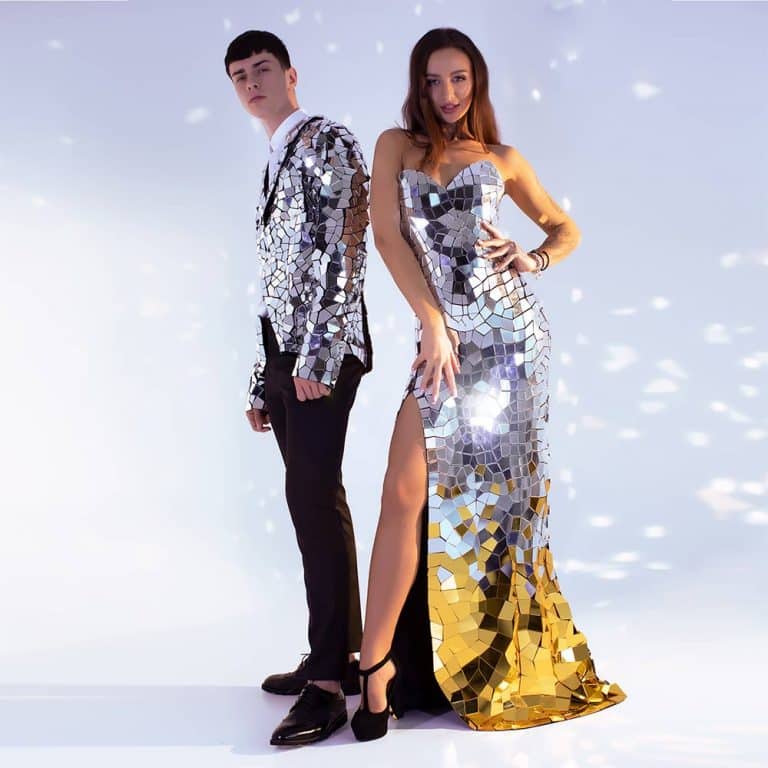 Evening Gold & Silver sequin disco ball mirror dress by