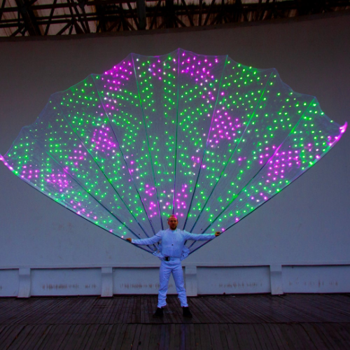 1000 LED Peacock Fan Tail Smart Costume on stage with green/purple effect