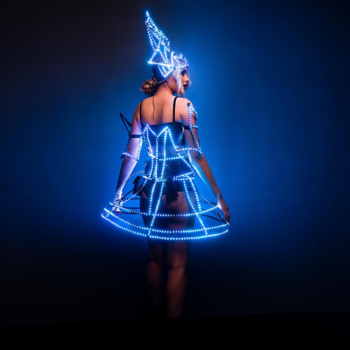 Light Up cage design corset in blue light view from behind