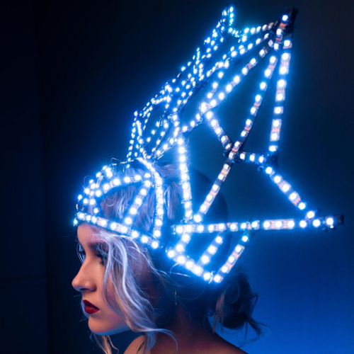 LED cage crown design in a blue light