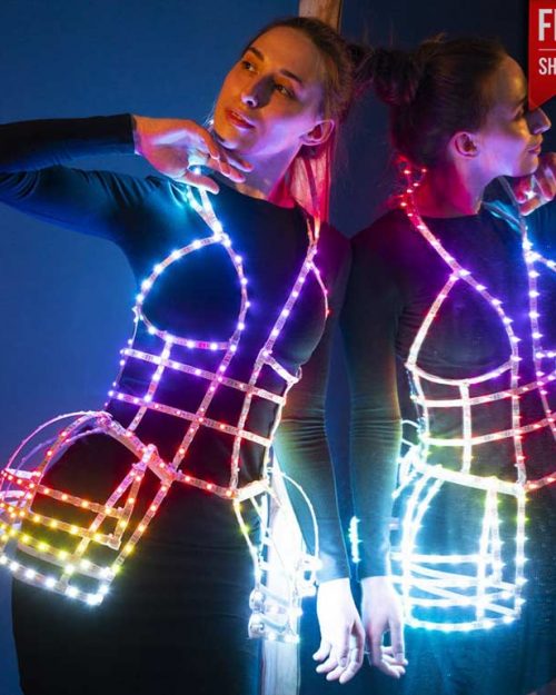 Model wearing led dress outfit and reflect in mirror