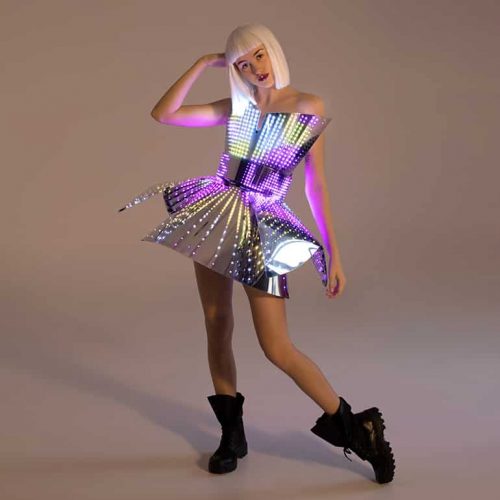 Rave LED light up rainbow dress outfit on mirrored plastic