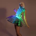 Green Grass LED light up rainbow dress outfit on mirrored plastic / fashion festival costume clothing with logo led belt