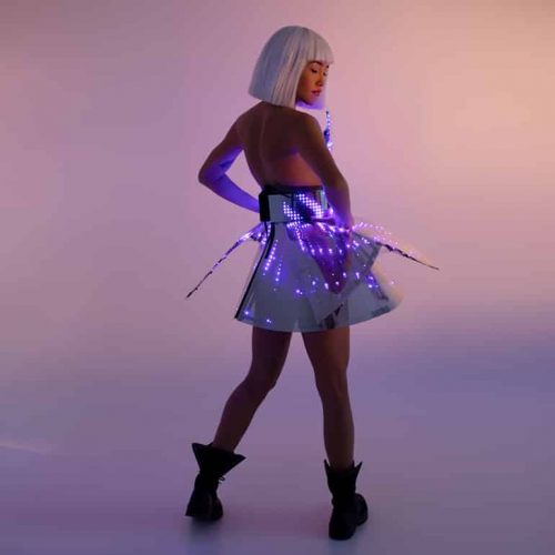 Lightning Rave LED light up rainbow dress outfit on mirrored plastic / fashion festival costume clothing with logo led belt