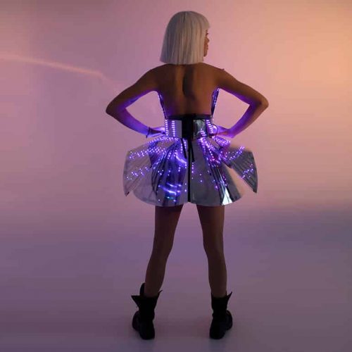 Cloudly LED light up rainbow dress outfit on mirrored plastic / fashion festival costume clothing with logo led belt