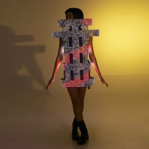 Model posing in new designed light up dress – Do-maru with wide strips