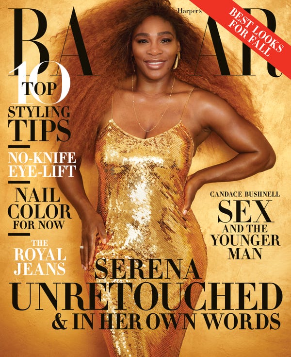Serena Williams in gold dress on cover of Harper's Bazaar