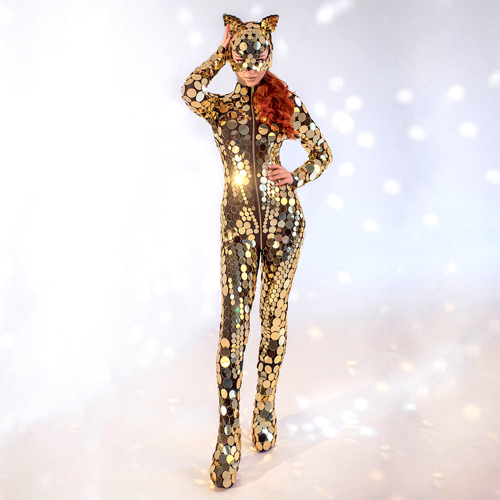 Disco Ball Glitter Sparkly Mirror Bodysuit Circle Gold Costume By Etereshop
