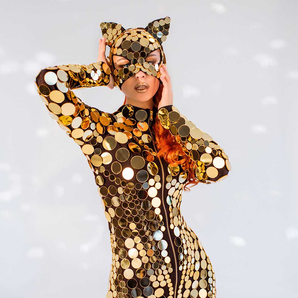 Gold Mirror Catsuit with a Gold Kitty Mask